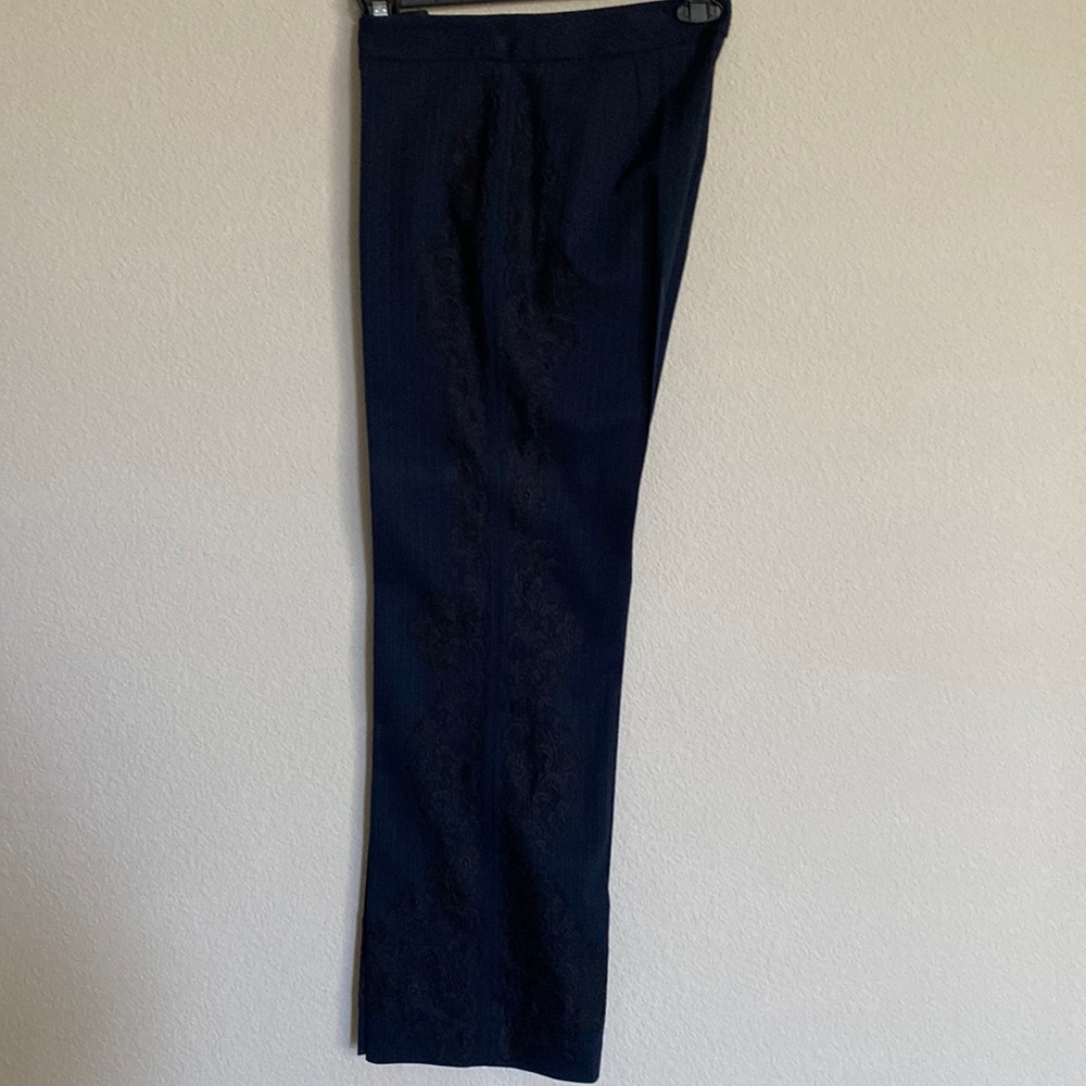 Express dress slacks with lace detail. Navy pinstripe. Some snags in fabric.